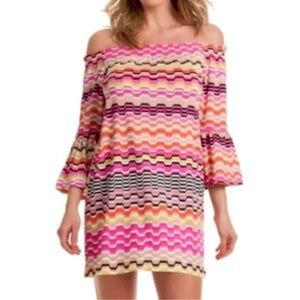 Trina Turk Womens Off Shoulder Mini Shift Dress Size M Chevron Stripe Colorful